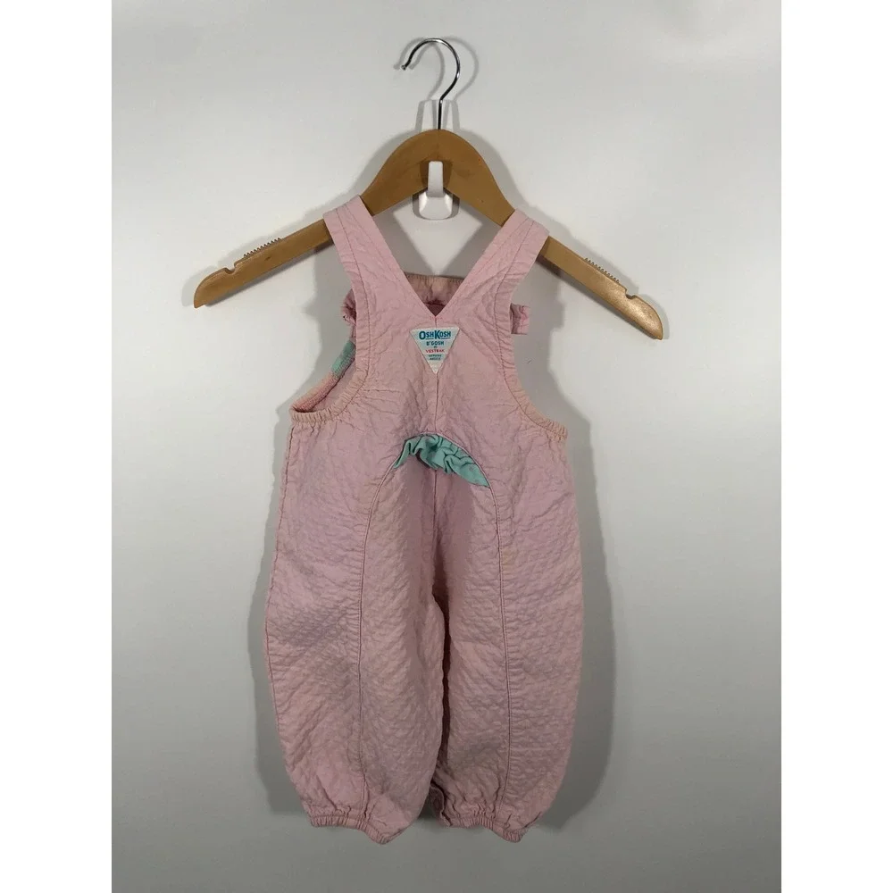 VTG OshKoshBGosh Kids Quilted Overalls 24 Months Pink Ruffle 90s Made In USA